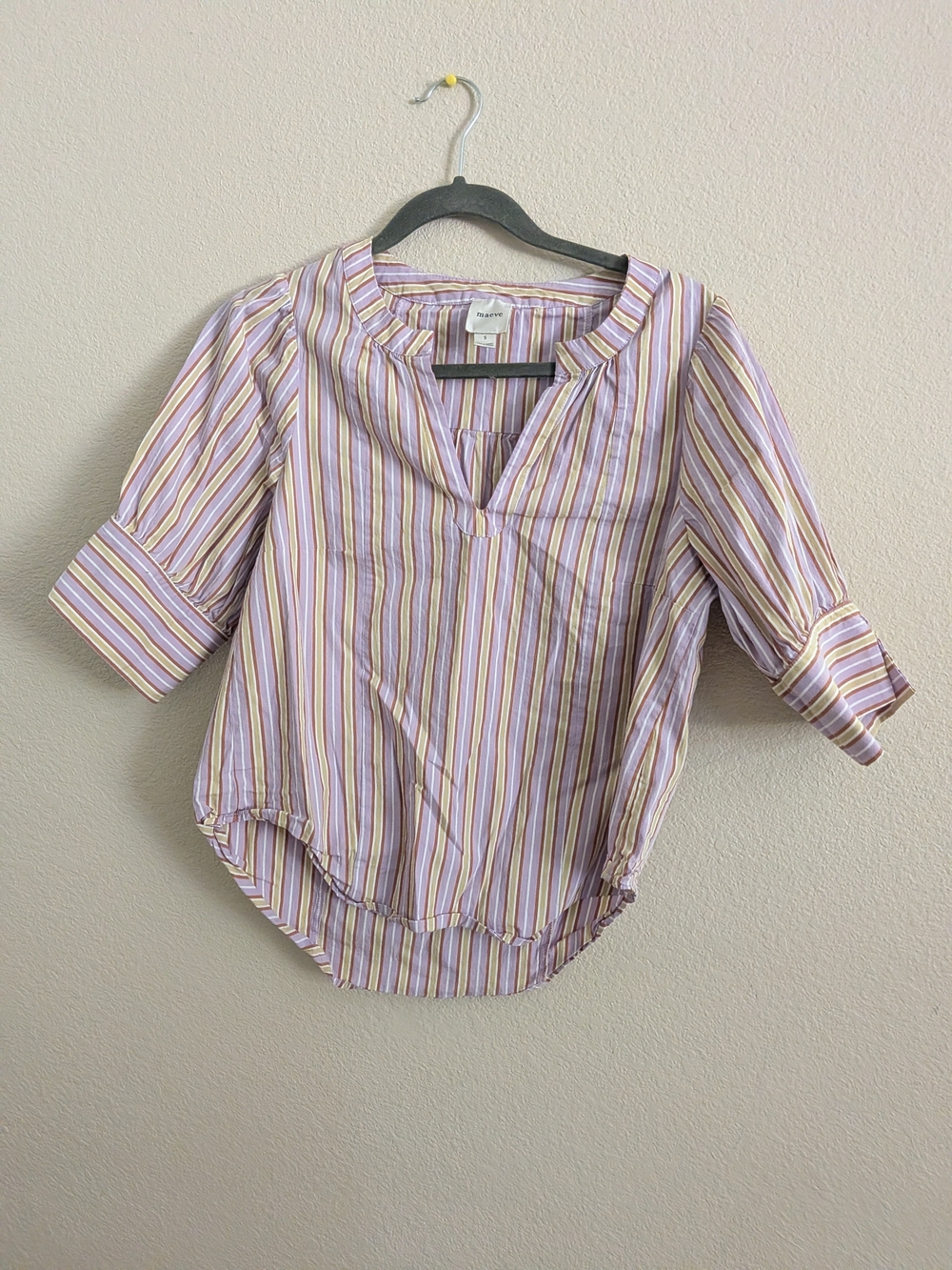 Anthropologie Lavender, White & Gold Striped Split-Neck Blouse